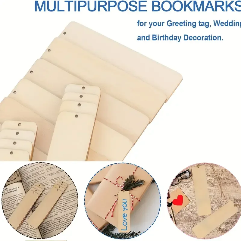 Wooden Bookmark Wooden Blank Hearts DIY Unfinished Hanging Tag Holes and Rope Wedding Birthday Party Decorations