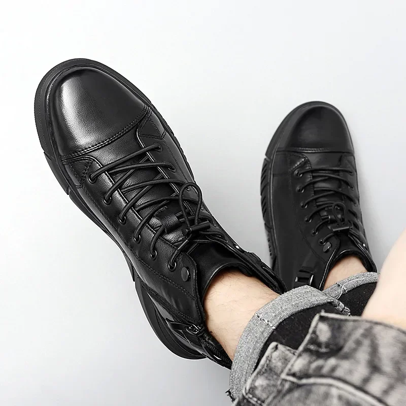 2024 Autumn Winter Fashion Men's Ankle Boots PU Leather High Quality Comfortable Black Leather Platform Casual Shoes 4