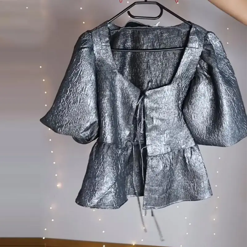 Elegant Square Collar Crop Blouses Women Lace Up Puff Short Sleeve Shirts 2025 Spring Summer Lady All-match Hollow Out Tops New