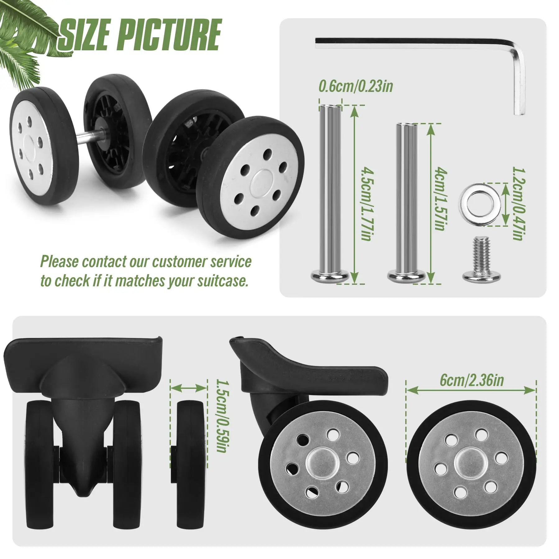 8Pcs Sliver Luggage Wheels W/H Screw Replacement Wheel for Suitcase Wear-resistant Trolley Repair Wheel 60mm Axles Caster Parts
