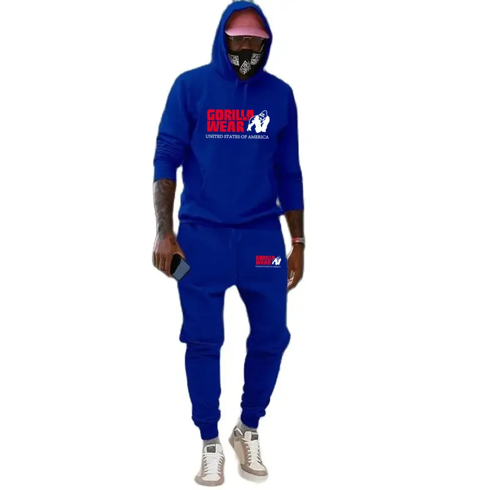 Autumn Winter Men's Sets Funny Graphics Gorilla Wear Printed Plus Fleece Fashion Hoody Men Hoodies Sweatshirts Sweatpants Suit 3