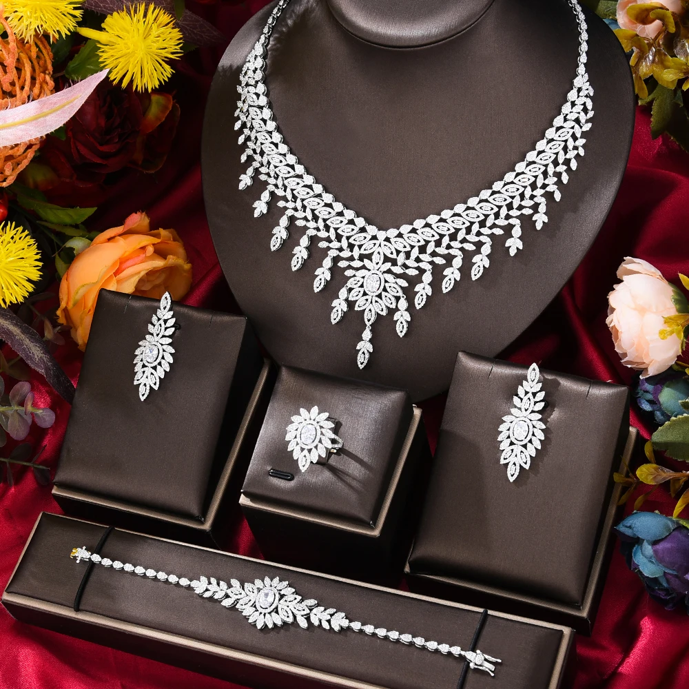 

Soramoore New Luxury Necklace Earrings Bracelet Rings Jewelry Sets 4PCS For Women Indian Nigerian Wedding Jewelery Set Gift New