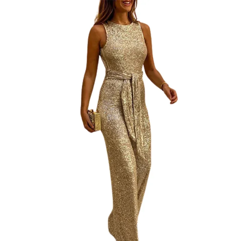 Sexy Backless Sequins Jumpsuit Women Sleeveless High Waist Lace-up Glitter Rompers Female Chic Evening Party Wear Wide Leg Pants