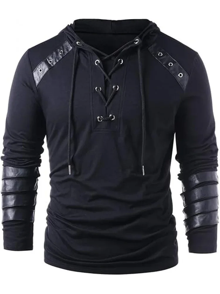 Men's Knight Drawstring Lace Up Pullover Hoodie Steampunk Long Sleeve Hooded Sweatshirt Black, Gothic Victorian Style