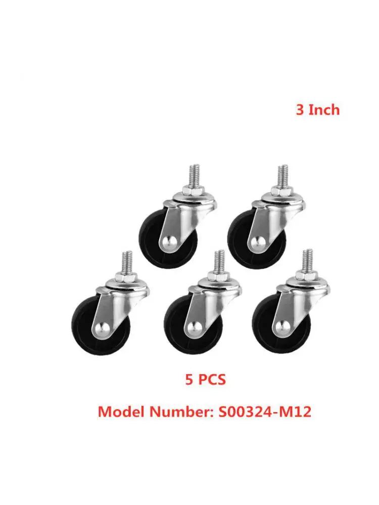 

(5 Packs) Casters 3 Inch M12 Screw Universal Caster Light Black Pp Plastic Steering Wheel Tool Trolley Factory Direct