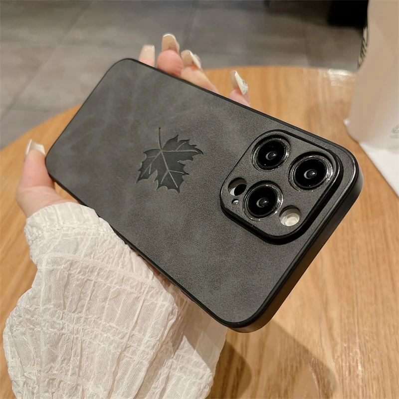 Elegant Maple Leaf Leather Pattern Phone Case with Lens Protection and Matte Finish
