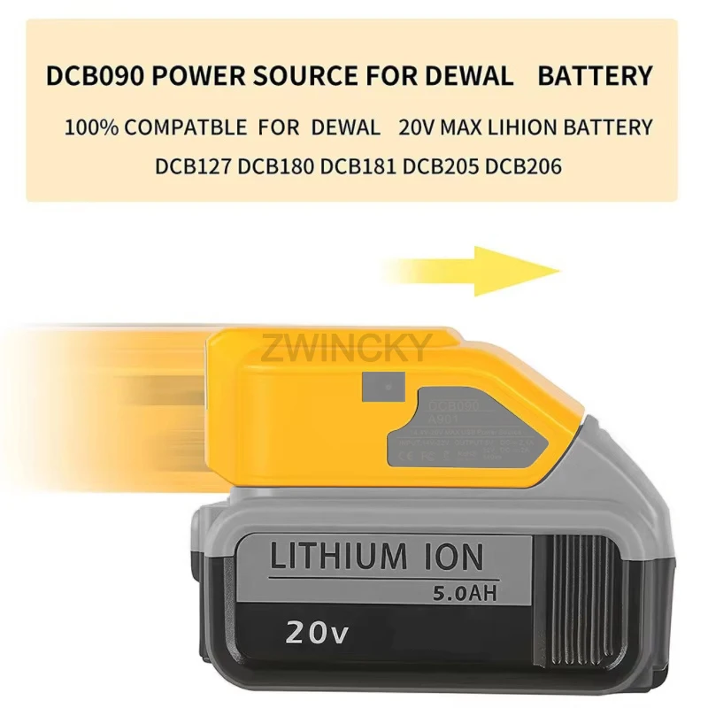 DCB090 전원 충전기 컨버터 배터리 어댑터 (디월트 18V 20V 리튬 배터리용) USB 타입 C DC 12V LED 작업등 포함