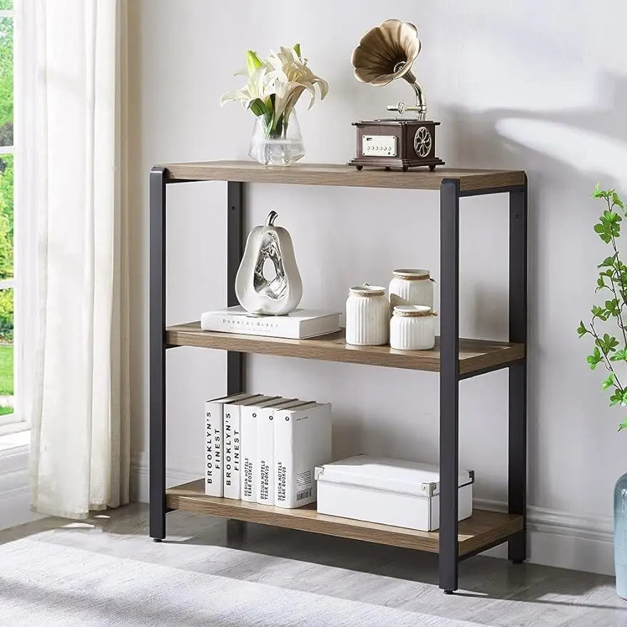 

FOLUBAN 3 Tier Bookshelf Industrial Bookcase and Book Shelves for Bedroom Rustic Wood and Metal Shelving Unit for Office Oak