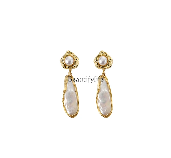 

Freshwater baroque pearl drop earrings gold earrings autumn and winter luxury