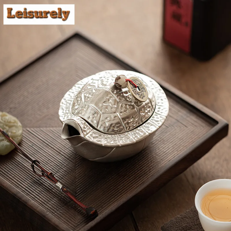 150ml Handmade Gilt Silver Fortune Turtle Hand Grab Teapot Aesthetic Tea Infuser Pot Tea Soaking Kettle With Filter Teaset Gift