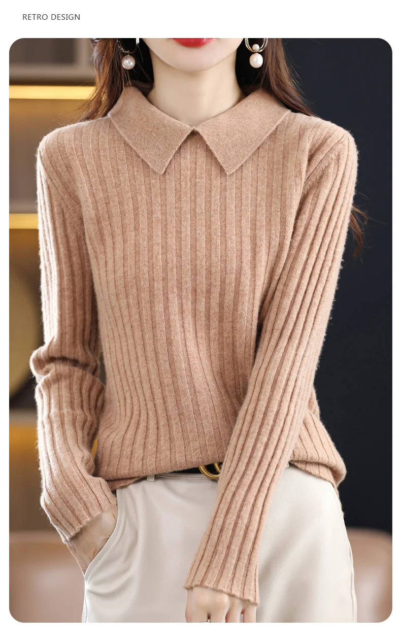 Autumn Winter New Woman 100% Wool Sweater Soft Polo Collar Vertical Stripe Pullover Casual Knitted Tops Cashmere Female Sweater