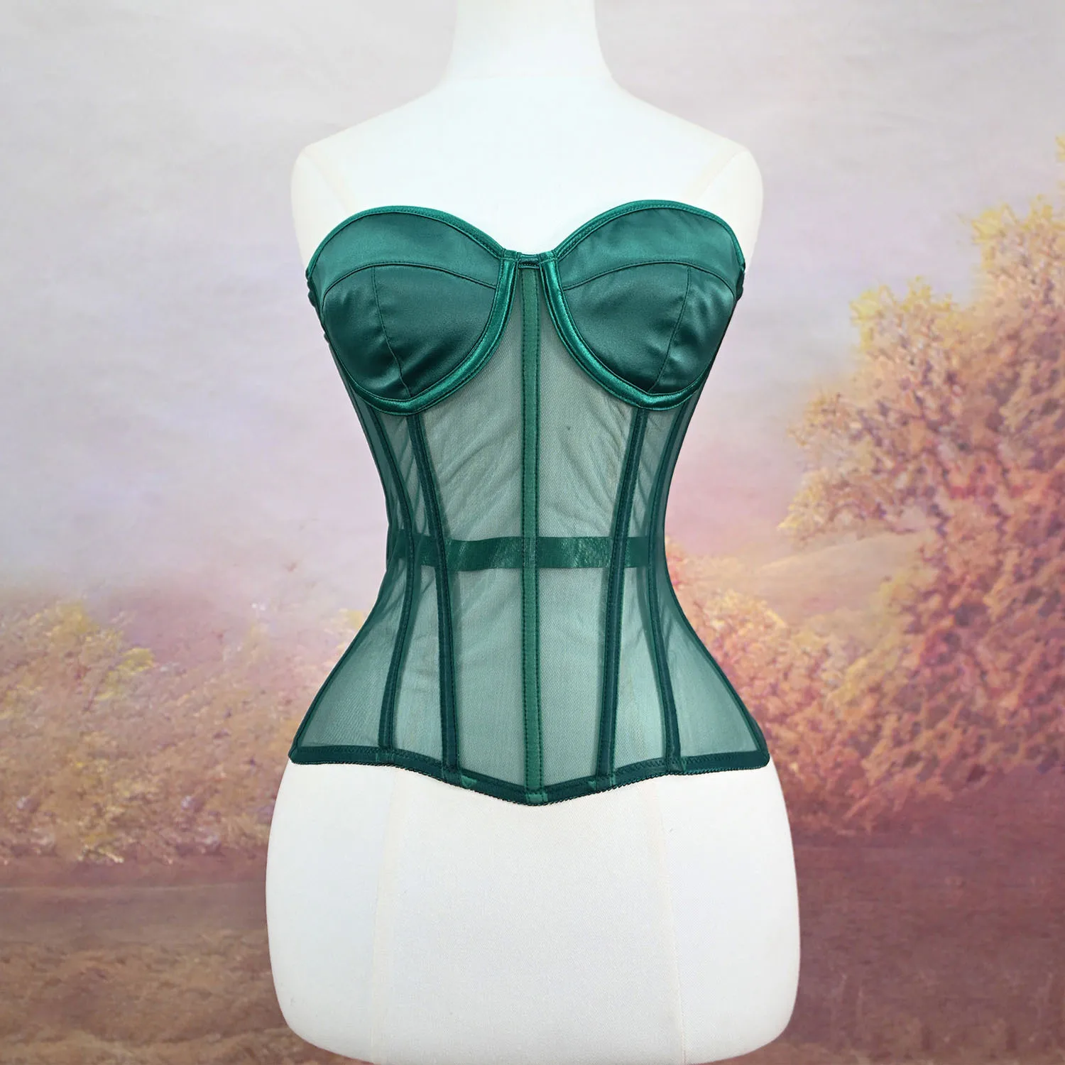 Damen Satin-Korsett mit Mesh-Einsätzen im viktorianischen Stil, Top mit BH, Sweetheart-Ausschnitt, Stahlkorsett-Taillenformer – Detail 9