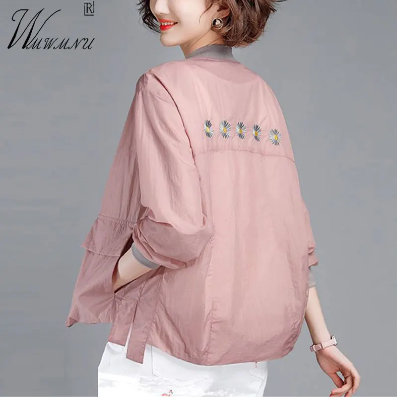 

Oversize 90kg Loose Sun Protection Jacket Women Daisy Embroidery Thin Casual Outerwear Long Sleeve Short Spring Summer Clothing