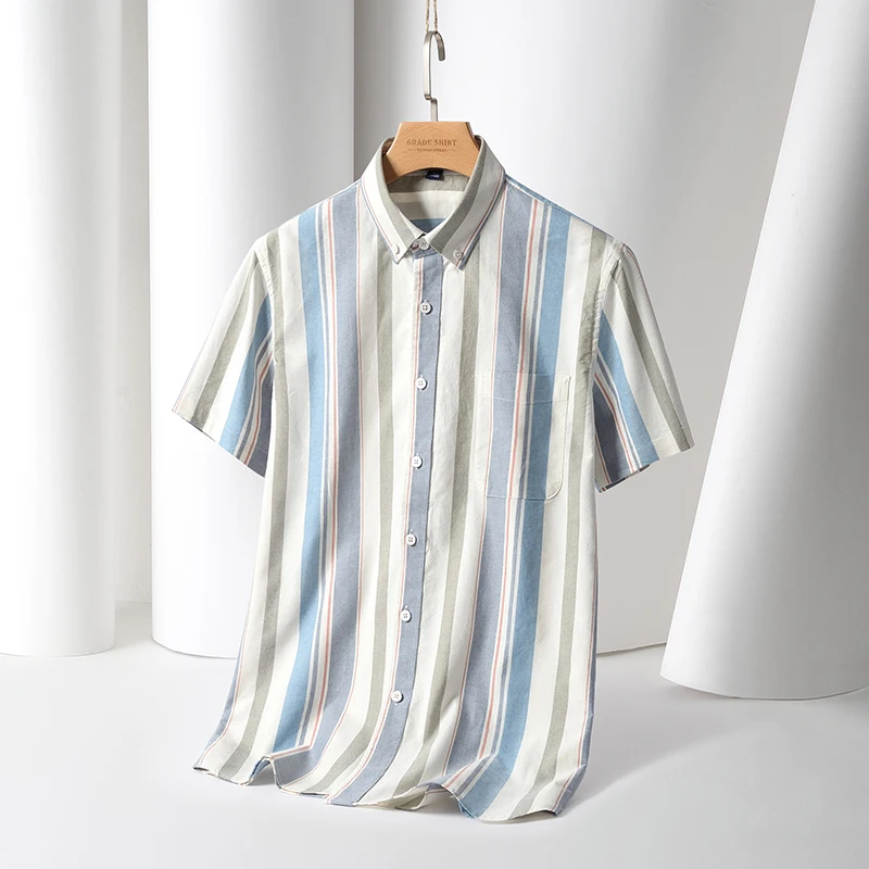 New Men's Striped Fashion Short Sleeve 100% Cotton Oxford Plaid Business Button Down Regular Fit Office Shirt Man Clothing 2