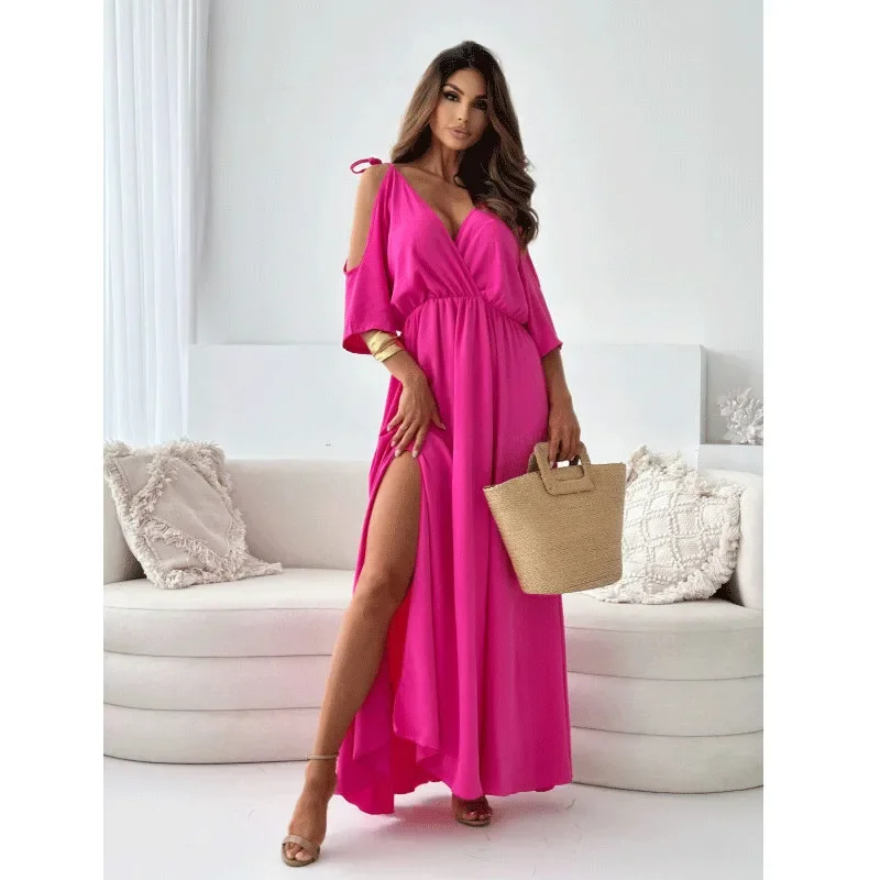 2024 Summer Amazon Cross-Border New Women's Dress Solid Color Hollow Out Waist-Fitted Side Slit Dress Women's 4