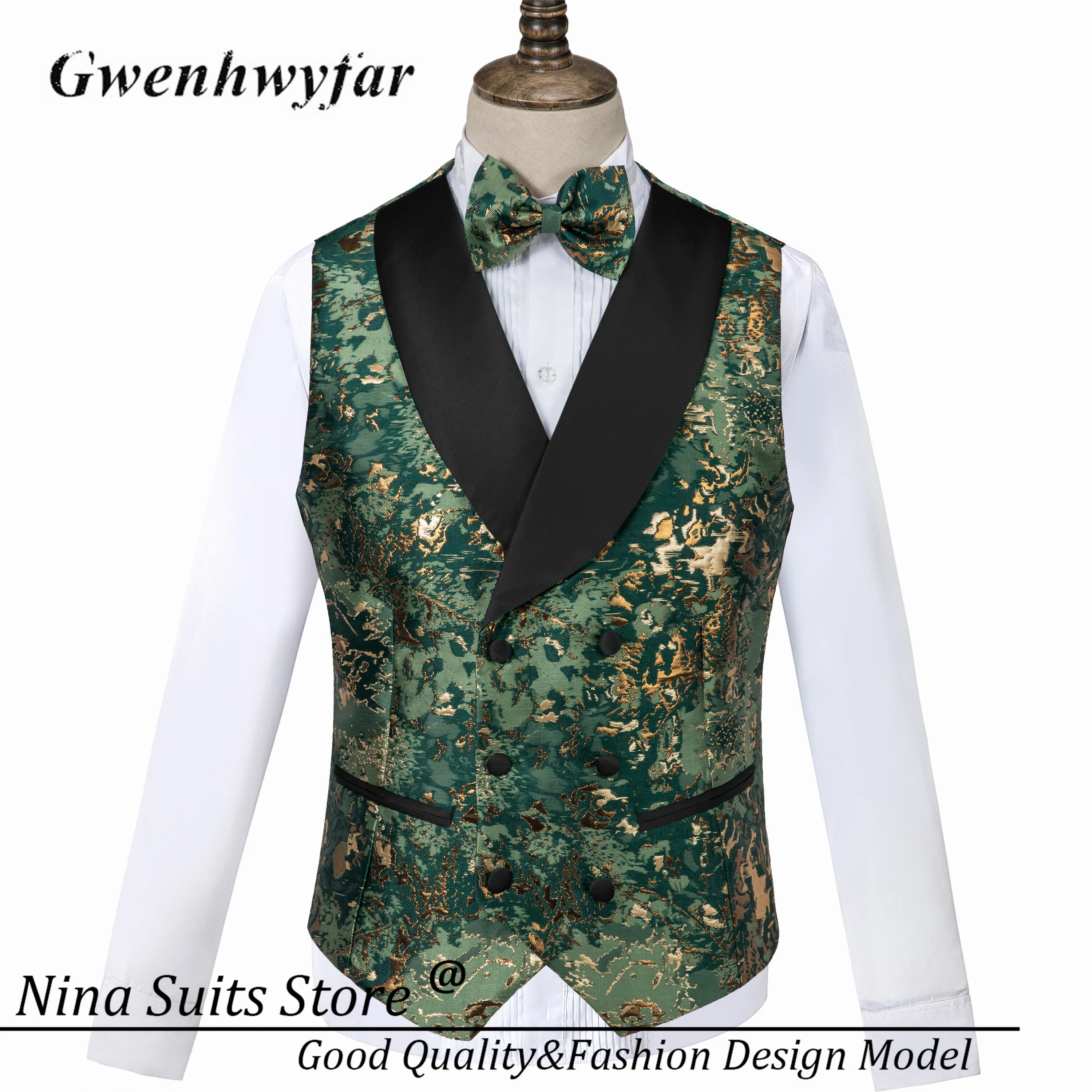 Gwenhwyfar Tailored Camouflage Men Tuxedos Gold Army Green Pattern Costume Homme Formal Male Suit Blazer Pants Vest