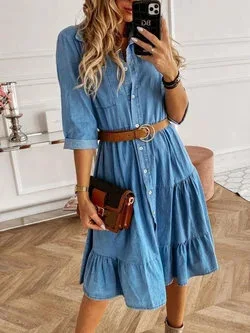 

2023 Autumn Cowboy Style Women's Short Dress Blue Square Collar Button Loose Dresses Female Casual Trendy Elegant Clothes Ladies