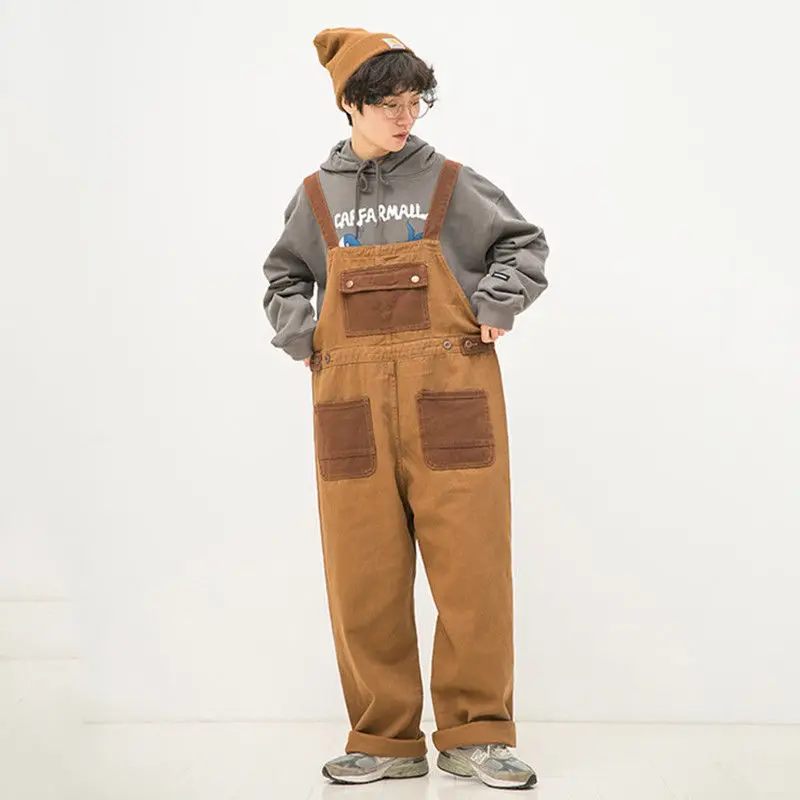 Men Clothing Japanese Retro Orange-brown Color Matching Neutral Overalls Two-sided Couple Loose Straight Overalls