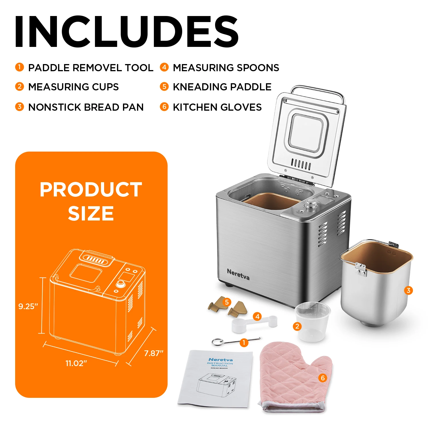 Neretva 20-IN-1 Bread Maker, Dual Heater 2LB Bread Machine BPA-Free Material & Nonstick Ceramic Pan Compact Maker Machines