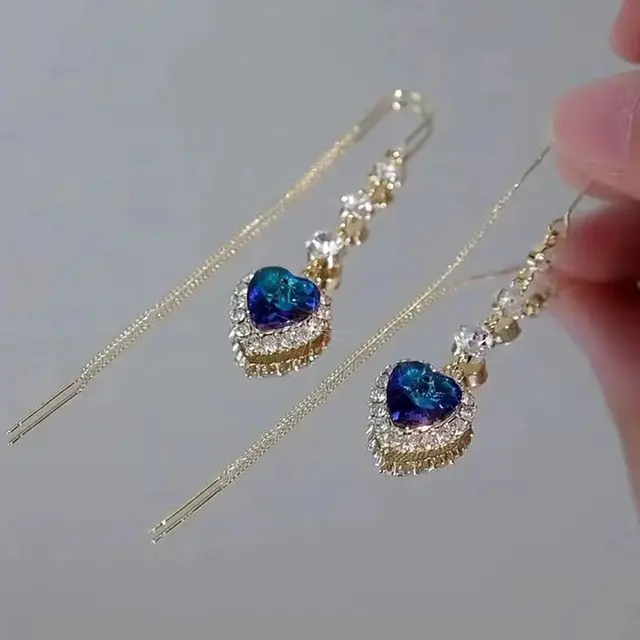 Exquisite Blue Heart Shaped Zircon Earrings for Women Luxury Long Tassel Ear Line Dangle Earring Ladies Wedding Party Jewelry 1