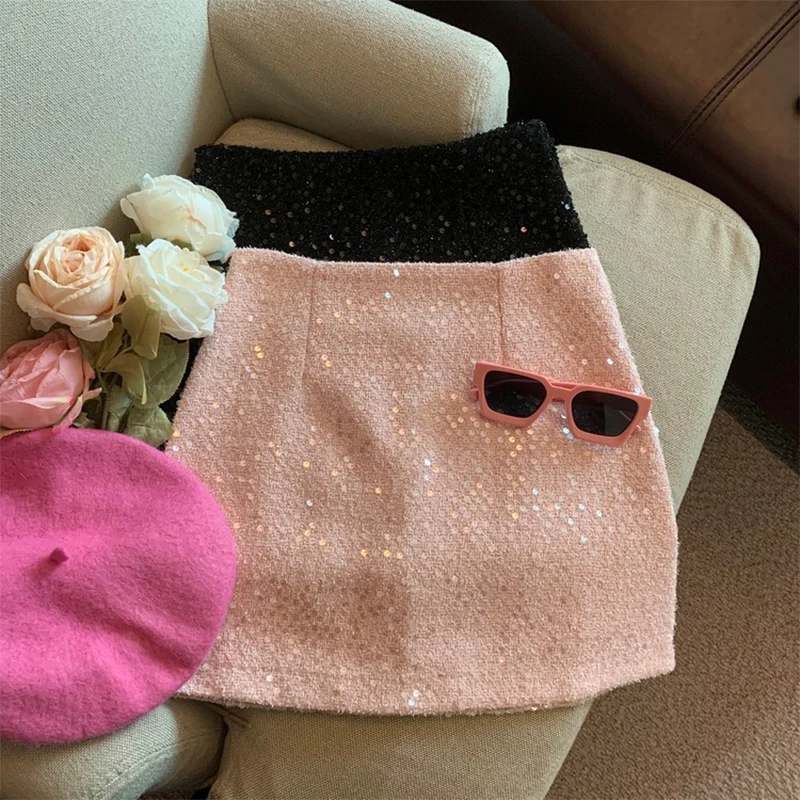 French style half length short skirt for women, new autumn/winter 2023 sequin denim one step wrap hip skirt diaves woman new summer fashion high waist sequin belt flower printed detailed pink denim pencil jeans pants