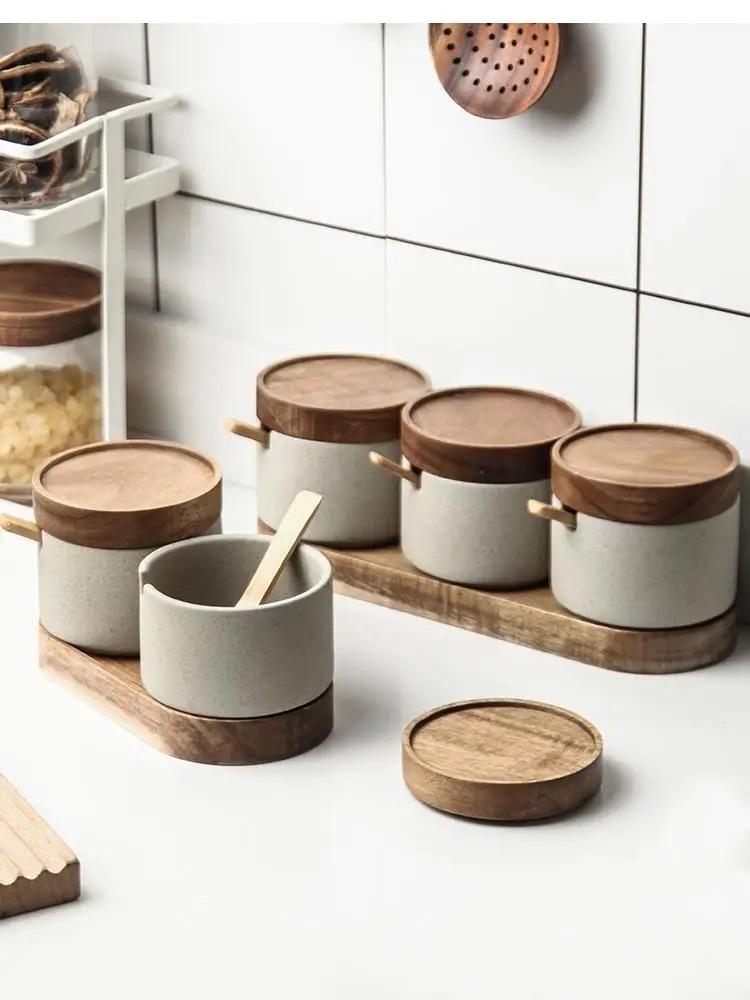 Ceramic seasoning jar set sugar salt lid large capacity food storage box kitchen container Stoneware airtight