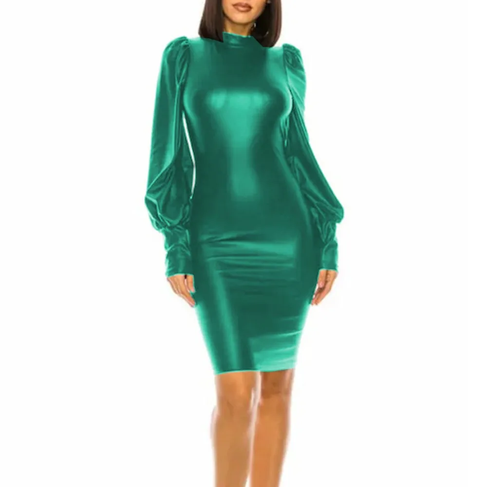 Faux Leather Patchwork Metallic Button Ruched Long Sleeve Mini Dress main image 1