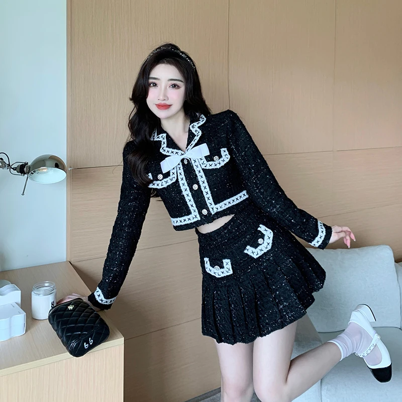 

UNXX Модный маленький аромат Y2k черный комплект из двух предметов женская короткая куртка и искусственная кожа женская одежда 2024 корейский Костюм