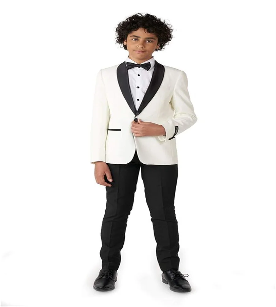 

Custom White Kids Suits For Wedding Party Two Pieces Satin Shawl Lapel Formal Kids Boys Wedding Suit 2023 Jacket Pant Blazer