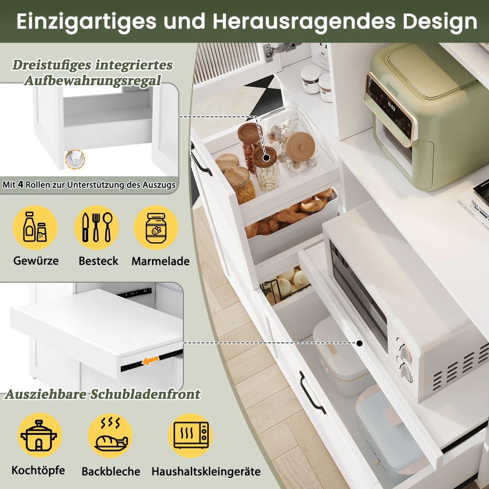 Modernes Highboard-Küchenschrank Multifunktionaler Aufbewahrungsschrank mit Verstellbaren Regalen Ausziehbarem Regal Gehärtetem Glas – Detail 7
