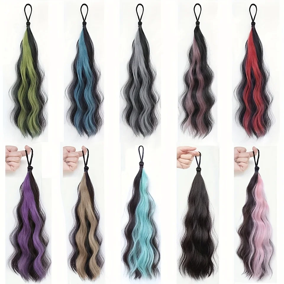 2PCS Natural wave synthetic pair of curly ponytail wig women's ponytail extension extension red blue green highlighting wig