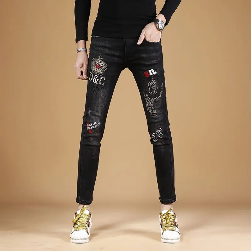 

High Quality Mens Scratches Stretch Denim Pants,Classic Embroidery Decors Jeans,Slim-fit Korea Version Casual Jeans,Street Jeans