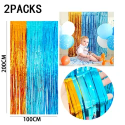 Rainbow Foil Fringe Curtains - Tinsel Metallic Streamers for Vibrant Party Decorations, Set of 2 (Orange blue)