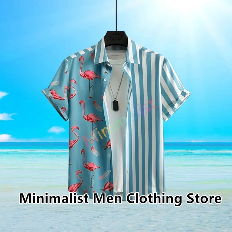 New Men's Hawaiian Shirts Summer 3d Flamingo Strip Print Holiday Short Sleeve Tops Tee Oversized Blouse Casual Men's Clothing