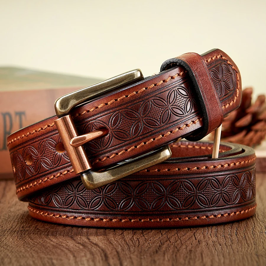 High Quality Embossed Western Cowboy Brass Buckle Belt Real Thick Genuine Leather Designer Men Belt Punk Jeans Belts For Men