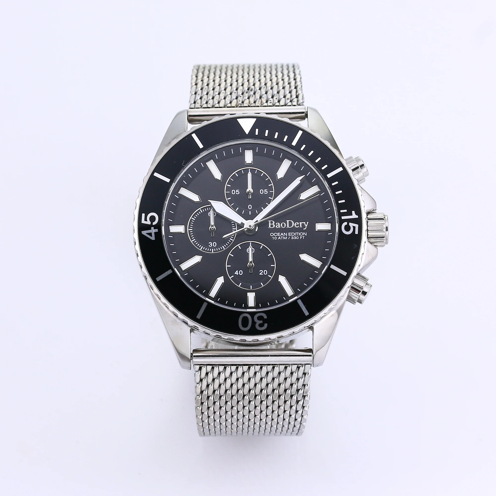 Refined 44mm Men's Watch, Triple Chrono Eyes, Six Hour Markers, Fortified Glass Lens, Brushed Stainless Steel Watchband