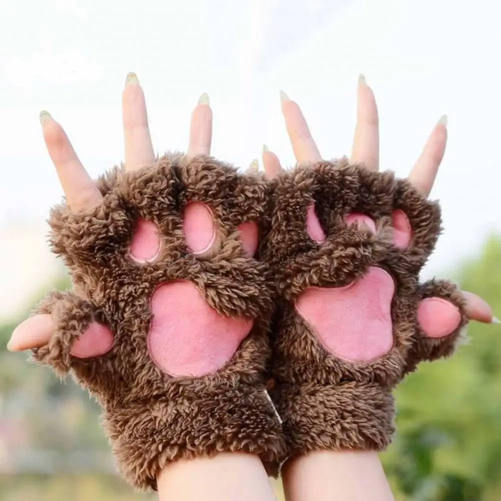 1 Pair Women's Gloves Plush Cat Paw Claw Cozy Cute Warm Comfortable Non-Slip Gloves Office Riding Accessories