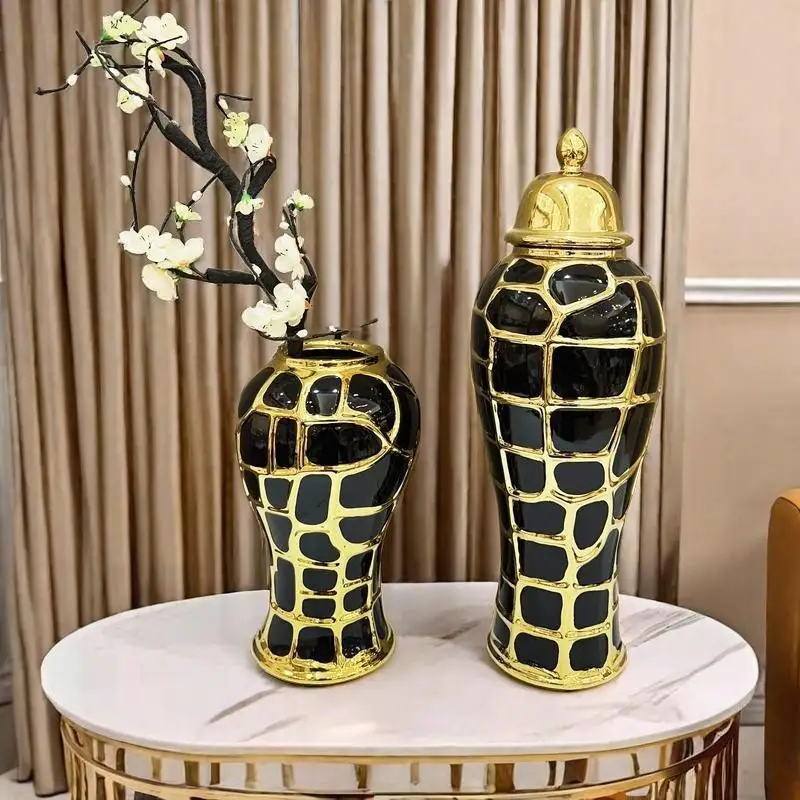 Black Plaid Can Ceramic Checkmate Jar Flower Vase Sealed Storage Tank Ginger Jar Chinese Porcelain Handicrafts Home Decoration 3