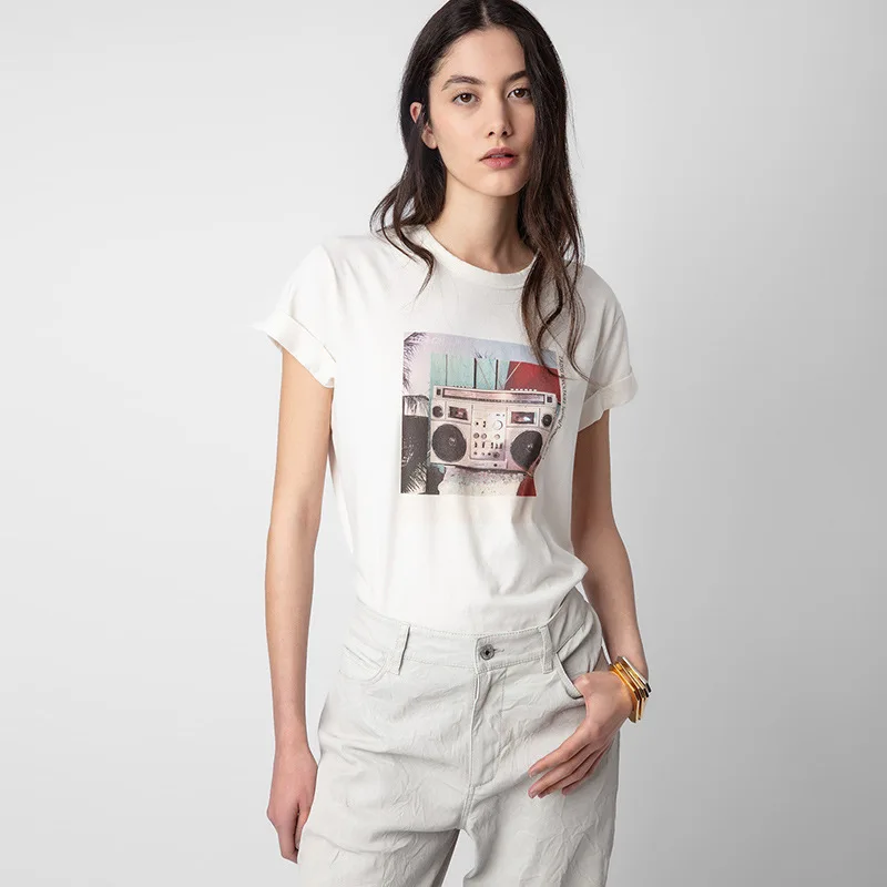 

2024 Summer New French Niche ZV Radio Audio Digital Print Cotton Roll-up Sleeve Women's Short-sleeved T-shirt
