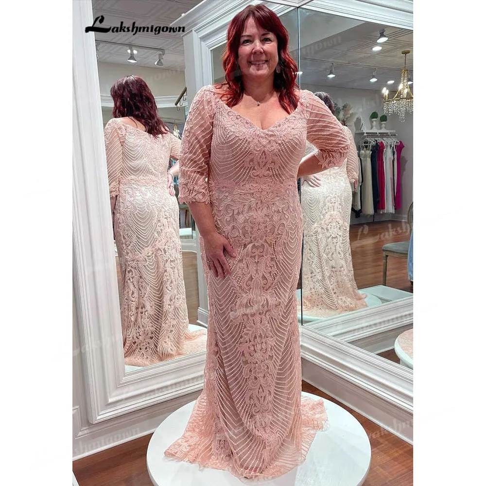 

Lakshmigown Vintage Plus Size Lace V Neck Mother of the Bride Dress Three Quarter Sleeve Women Wedding Party Formal Evening Gown