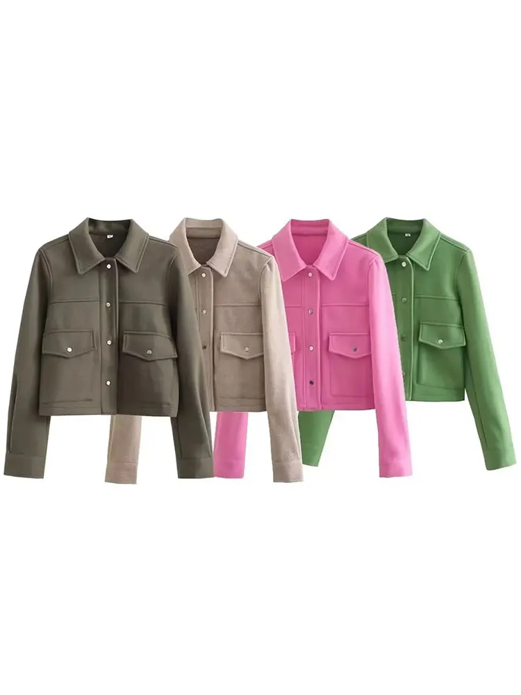 HH Women Vintage Solid Coat Front Pocket Long Sleeve Turn-Down Collar Bomber Jacket Autumn Casual Office Lady Outerwear