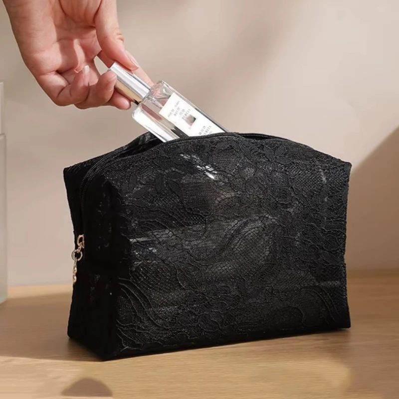 Lace Mesh Women's Makeup Bag Large Capacity Cosmetic and Jewelry Organizer Bag Zipper Square Portable Toiletry Bag Makeup Case