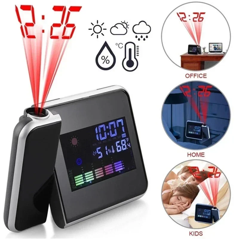 

Backlight Screen Thermometer Alarm Weahter Humidity Clock 180° Temperature Projection Rotate Display Led Color Snooze Digital