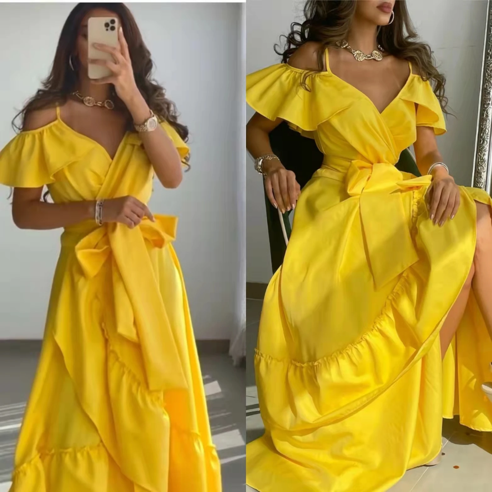 

Elegant Long V-Neck Satin Evening Dresses فساتين السهرة A-Line Ruffled Floor Length Prom Dress Robe de soirée for Women