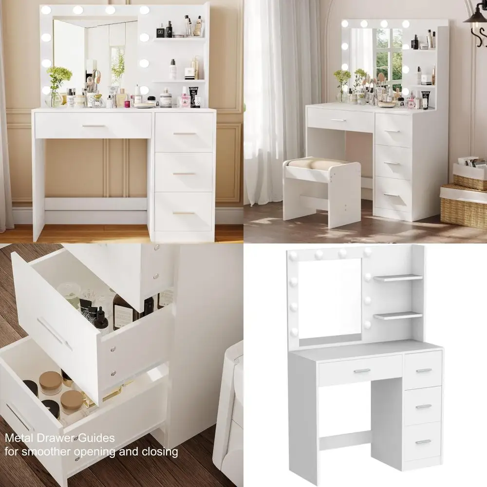 Illuminated Makeup Vanity Table with Storage and Mirror, 4-Drawer Bedroom Dressing Table with 10 LED Lights