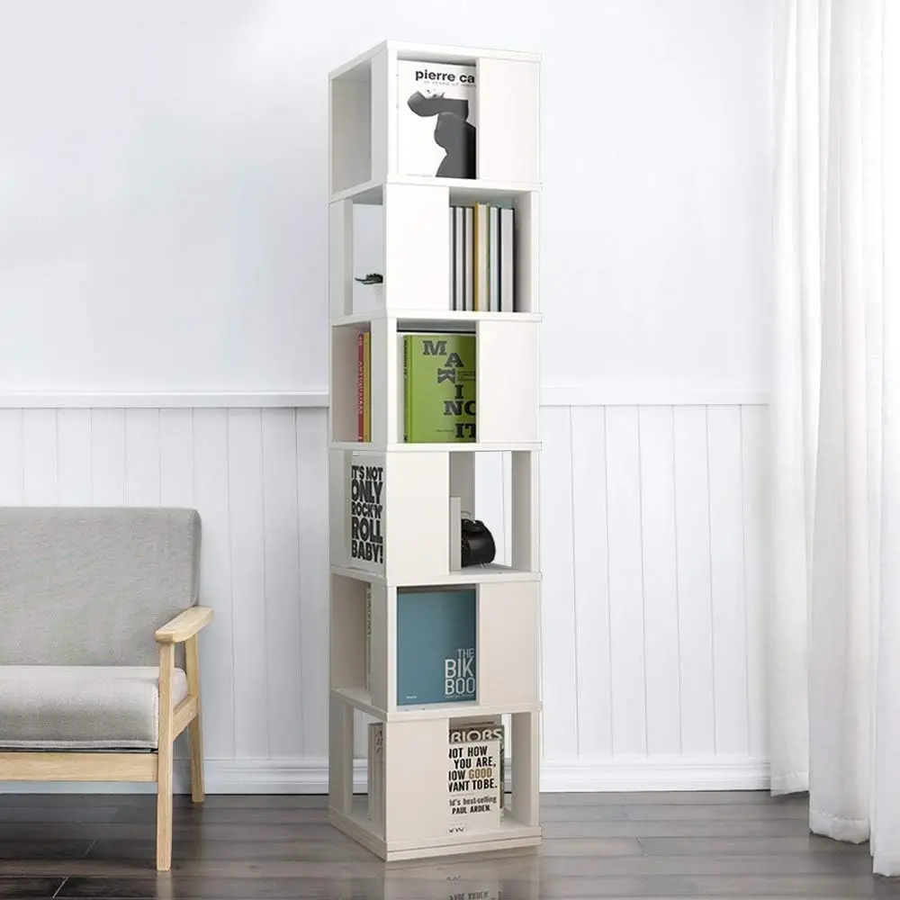 6 Tier Wooden Bookcase Corner Tall Book Shelf Modern 360° Rotating Storage Display Rack Floor Standing Shelves with Open Design
