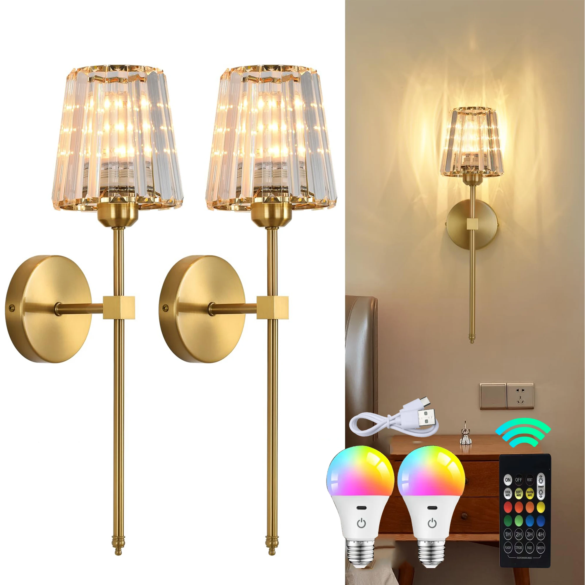 Battery operated crystal wall sconces set of 2 wireless wall light with rechargeable LED light bulbs for bedroom living room