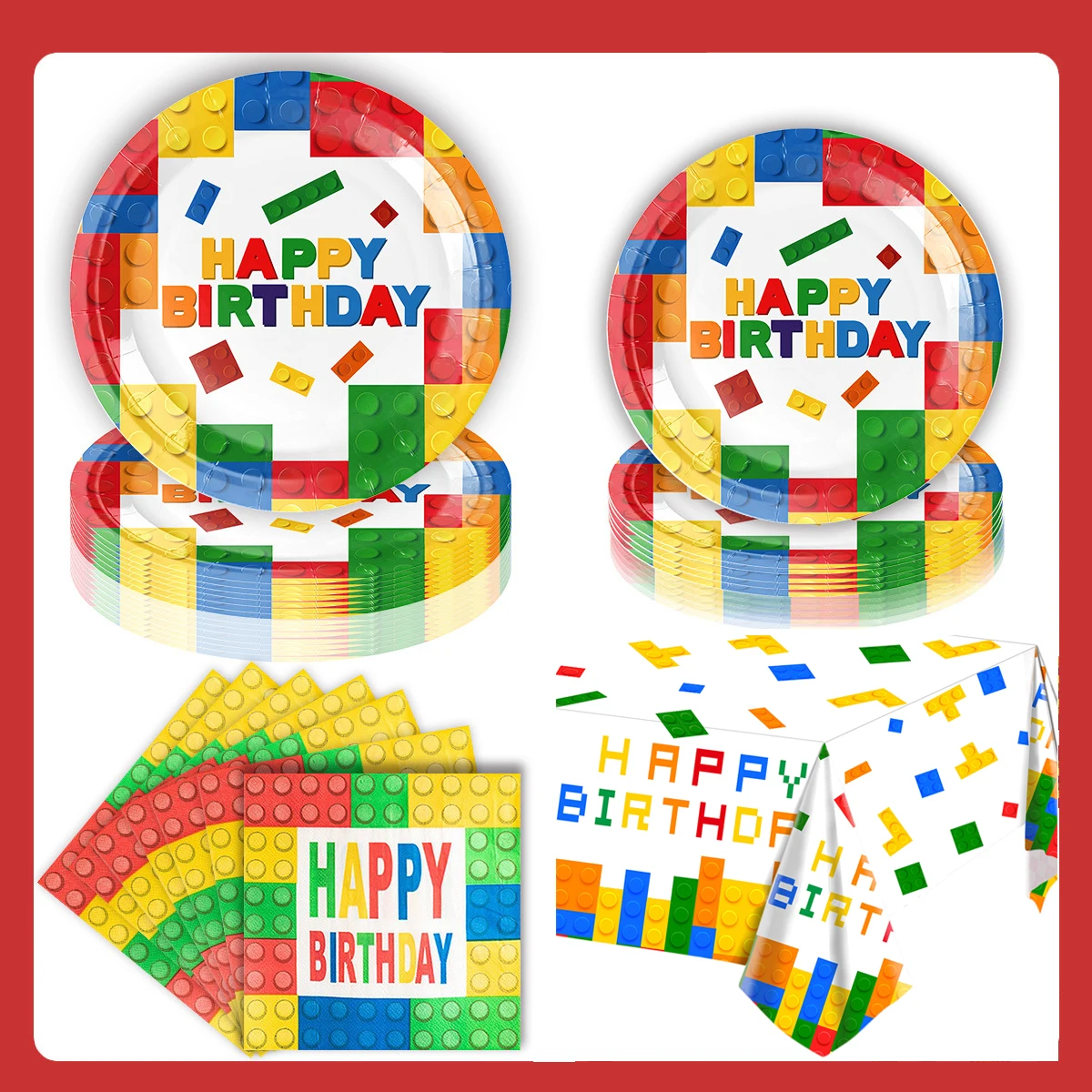 Building Block Birthday Party Decoration Colorful Building Blocks Plates Cup Napkins Tableware Tablecloth Supplies Kids Boys