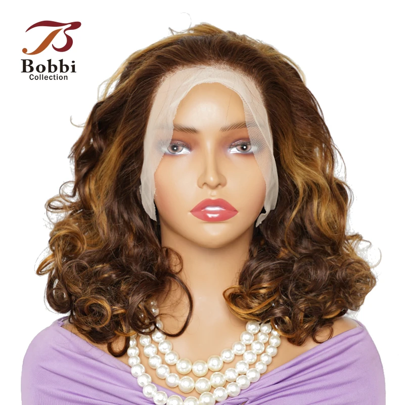 

300% Density 14inch 13x4 Lace Front Wig Human Hair Wig for Women Bouncy Curl Black Highlight Transparent Lace Frontal Wigs BOBBI
