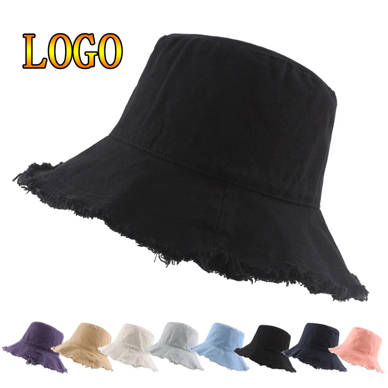 New Custom Logo Tassel Washed Denim Bucket Hats Women  Cotton Plain Wide Brim Foldable Fisherman's Hat Outdoor Beach Panama Cap